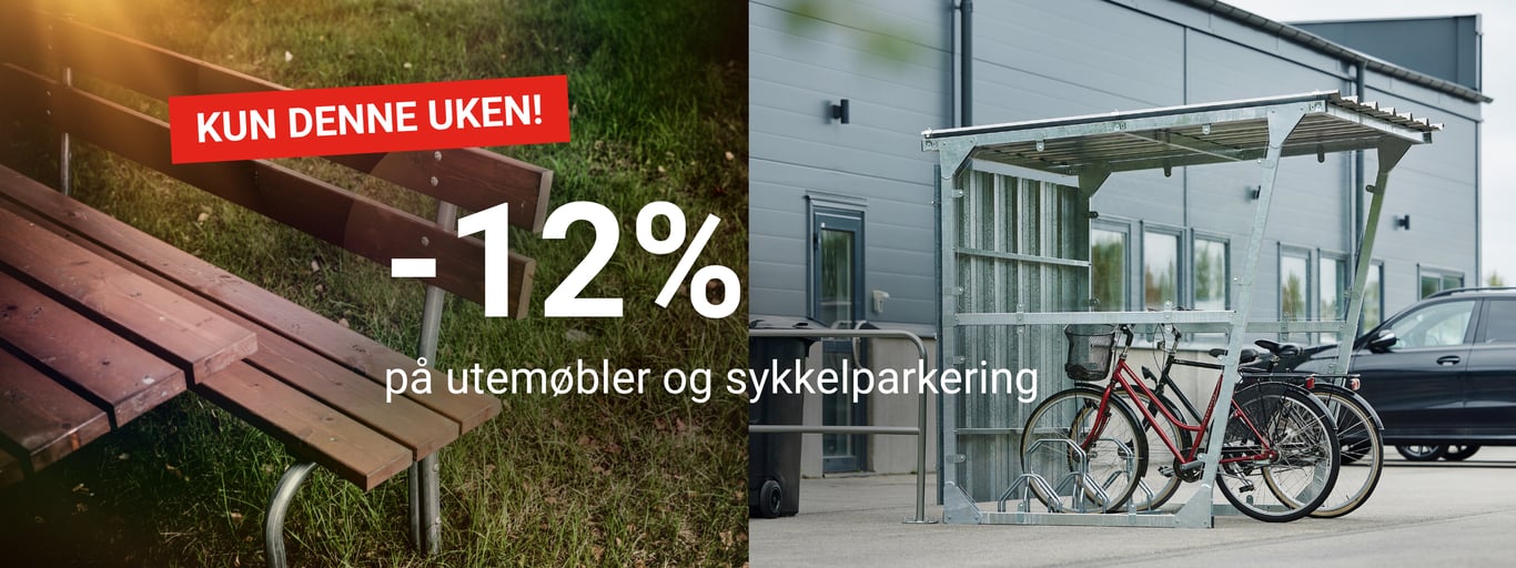 Utemøbler og sykkelparkering fra Cowab. Tekst på bilde