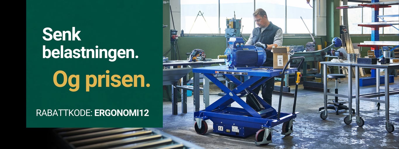 Mann med ergonomisk arbeidsbenk. Tekst på bilde