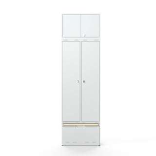 Klädskåp, 2-sektioner, överskåp, utdragbar låda med sittbänk, 2740x800x550 mm, grå