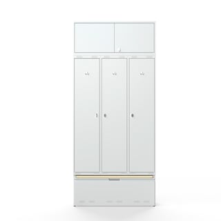 Klädskåp, 3-sektioner, överskåp, utdragbar låda med sittbänk, 2740x1200x550 mm, grå