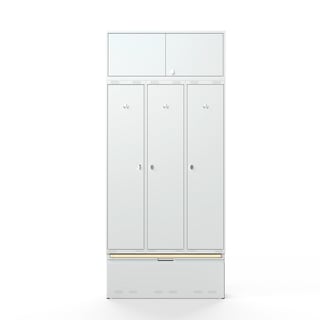 Klädskåp, 3-sektioner, överskåp, utdragbar låda med sittbänk, 2740x1200x550 mm, grå