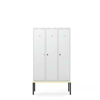 Garderobeskap, 3 seksjoner, benkestativ, H2120 B1200 D550 mm, grå