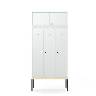 Garderobeskap, 3 seksjoner, overskap, benkestativ, H2620 B1200 D550 mm, grå