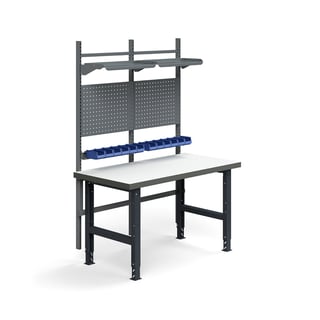 Komplett arbetsbänk, verktygstavlor, plockbackar, hyllplan, 1500x760 mm, högtryckslaminat