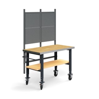 Komplett arbetsbänk på hjul, verktygstavla, underhylla, 1500x760 mm, ekparkett