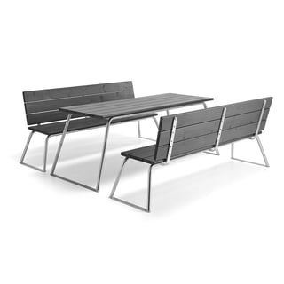 Møbelgruppe, 1 bord, 2 parkbenker med ryggstøtte
