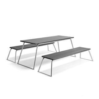 Møbelgruppe, 1 bord, 2 parkbenker uten ryggstøtte