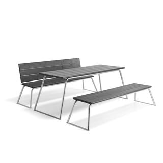 Møbelgruppe, 1 bord, 1 parkbenk med ryggstøtte, 1 parkbenk uten ryggstøtte
