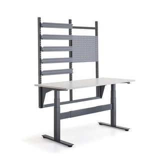 Komplett höj- och sänkbart arbetsbord, 200 kg, 1600x760 mm, verktygstavla och backskenor