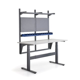Komplett höj- och sänkbart arbetsbord, 200 kg, 1600x760 mm, verktygstavla, hyllplan och backskenor