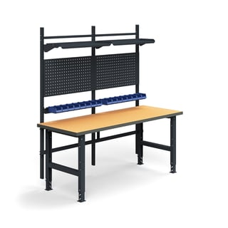 Komplett arbetsbänk, verktygstavlor, plockbackar, hyllplan, 2000x760 mm, härdad board