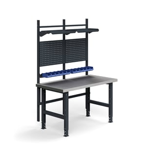 Komplett arbeidsbord, verktøytavler, plastbakker, hyller, L1500 B760 mm, stål