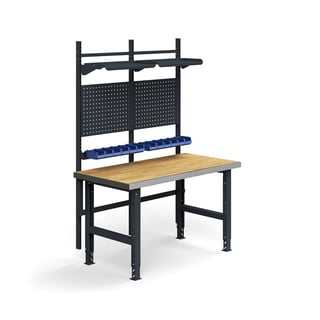Komplett arbetsbänk, verktygstavlor, plockbackar, hyllplan, 1500x760 mm, ekparkett
