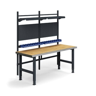 Komplett arbetsbänk, verktygstavlor, plockbackar, hyllplan, 2000x760 mm, ekparkett