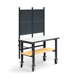 Komplett arbeidsbord på hjul, verktøytavle, underhylle, L1500 B760 mm, høytrykkslaminat