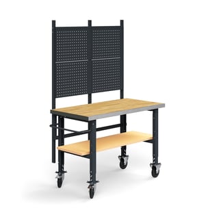 Komplett arbetsbänk på hjul, verktygstavla, underhylla, 1500x760 mm, ekparkett