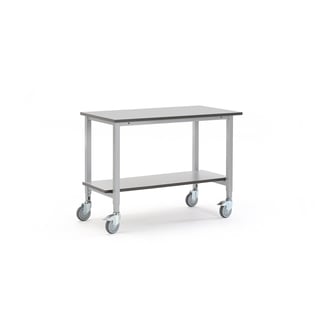 Arbeidsbord på hjul, med hylle, L1200 B600 H800–1200 mm, grå