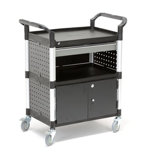 Hyllvagn, 2 hyllplan, 1 låda, 1 skåp, 850x480x1000 mm