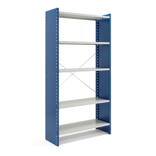 Hyllställ, grundsektion, 2100x1060x400 mm, täckta gavlar, blå, ljusgrå hyllplan