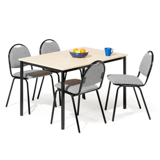 Spisegruppe, 1 bord L1200 B800 mm, bjørk + 4 stoler, grå/svart