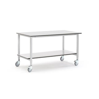 Arbeidsbord på hjul, med hylle, L1500 B800 H800–1200 mm, grå