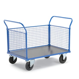 Plattformsvagn, 3 nätgavlar, 1200x800 mm, 500 kg, massivgummihjul, med broms