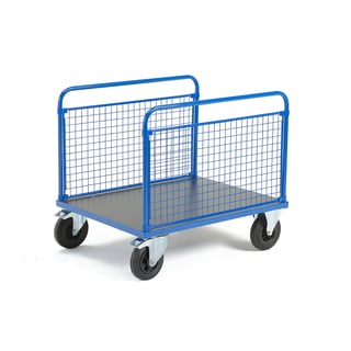 Plattformsvagn, 2 långsides nätgavlar, 1000x700 mm, 500 kg, massivgummihjul, med broms