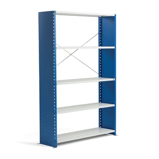 Hyllställ, grundsektion, 2100x1360x600 mm, täckta gavlar, blå, ljusgrå hyllplan
