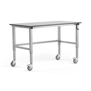 Arbeidsbord på hjul, justerbart (sveiv), L1500 B800 H770–1110 mm, 150 kg, grått