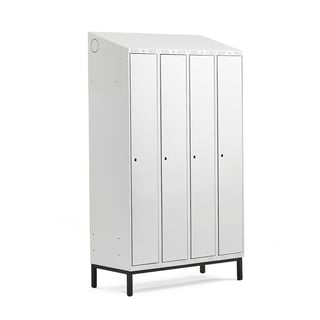 Klädskåp, sluttande tak, benstativ, 4 sektioner, 2100x1200x550 mm, grå