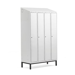 Klädskåp, sluttande tak, benstativ, 4 sektioner, 2100x1200x550 mm, grå
