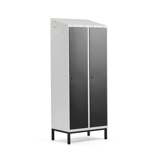 Garderobeskap, benstativ, 2 seksjoner, skrått tak, H2100 B800 D550 mm, svart