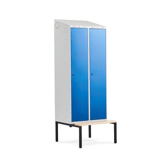 Klädskåp, sluttande tak, bänk, 2 sektioner, 2290x800x550 mm, blå