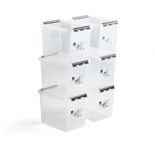 Plastkasse med lokk, 25 l, 6 stk., L400 B300 H320 mm, transparent
