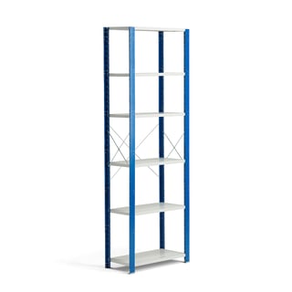 Hyllställ, grundsektion, 2500x865x500 mm, blå, ljusgrå hyllplan