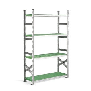 Lagerreol, grunnseksjon, plasthyller, H1972 B1275 D400 mm, grønn