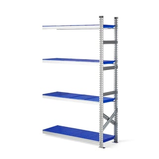 Lagerreol, påbyggseksjon, plasthyller, H1972 B1210 D400 mm, blå