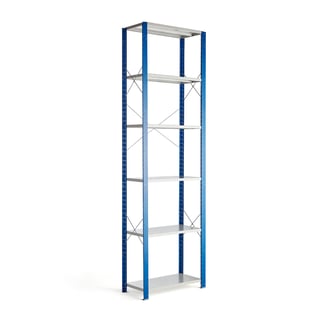 Hyllställ, grundsektion, 3000x865x400 mm, blå, ljusgrå hyllplan