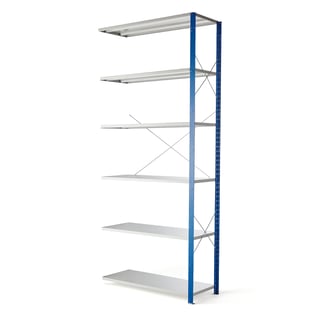 Hyllställ, påbyggnadssektion, 3000x1305x400 mm, blå, ljusgrå hyllplan