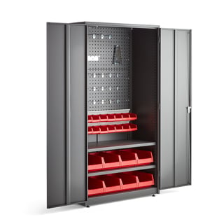Komplett maskinskåp, elektroniskt kodlås, 2 hyllplan, panel, 24 backar, 1900x1020x500 mm, grå