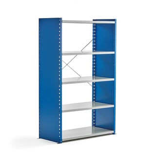 Hyllställ, grundsektion, 1740x1060x500 mm, täckta gavlar, blå, ljusgrå hyllplan