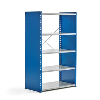 Hyllställ, grundsektion, 1740x1060x600 mm, täckta gavlar, blå, ljusgrå hyllplan