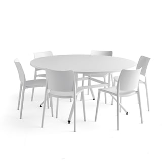 Møbelgruppe, bord og 6 hvite stoler