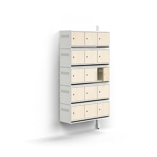Skoskåp, påbyggnadssektion, vägghängd, 15 träluckor, 1800x900x300 mm, vit/björk