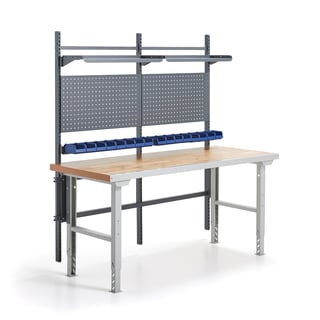 Komplett arbetsbänk, verktygstavlor, plockbackar, hyllplan, 2000x800 mm, ekparkett