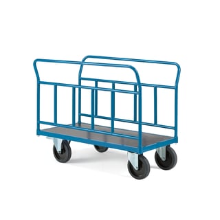 Plattformvogn, 2 langsgående rørgavler, L900 B500 mm, 1000 kg, elastiske massivgummihjul, med brems
