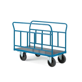 Plattformvogn, 2 langsgående rørgavler, L900 B500 mm, 1000 kg, elastiske massivgummihjul, med brems