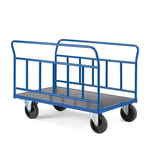 Plattformvogn, 2 langsgående rørgavler, L1200 B800 mm, 1000 kg, elastiske massivgummihjul, med brems