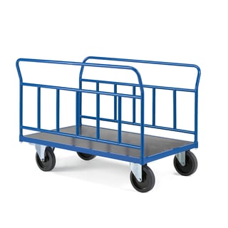 Plattformvogn, 2 langsgående rørgavler, L1200 B800 mm, 1000 kg, elastiske massivgummihjul, med brems