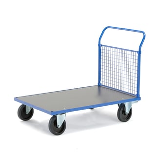 Plattformvogn, 1 nettinggavl, L1200 B800 mm, 1000 kg, elastiske massivgummihjul, med brems